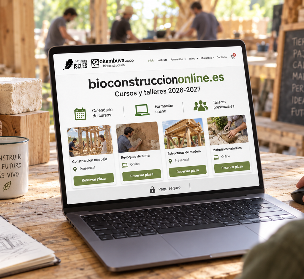 Persona reservando un curso en bioconstrucciononline.es desde un ordenador, rodeada de materiales naturales de construcción.