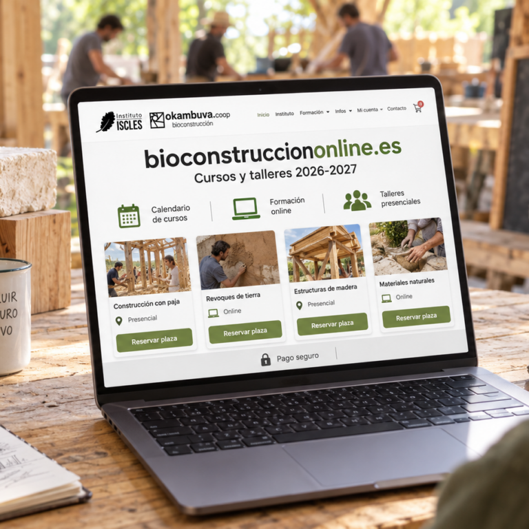 Persona reservando un curso en bioconstrucciononline.es desde un ordenador, rodeada de materiales naturales de construcción.